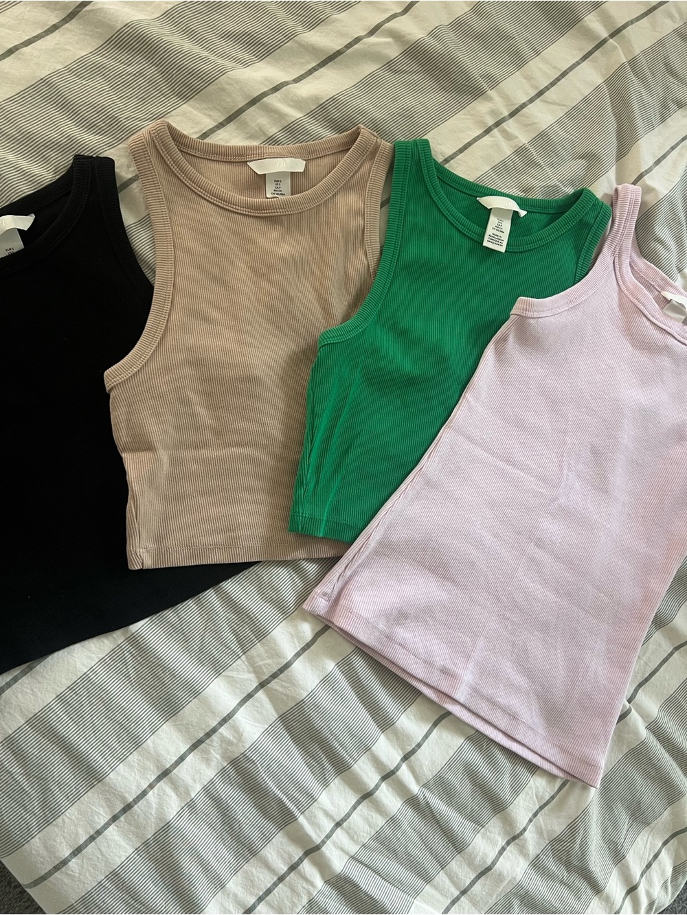 H&M Ribbed Tank Tops - Black, Taupe, Green, Light Pink